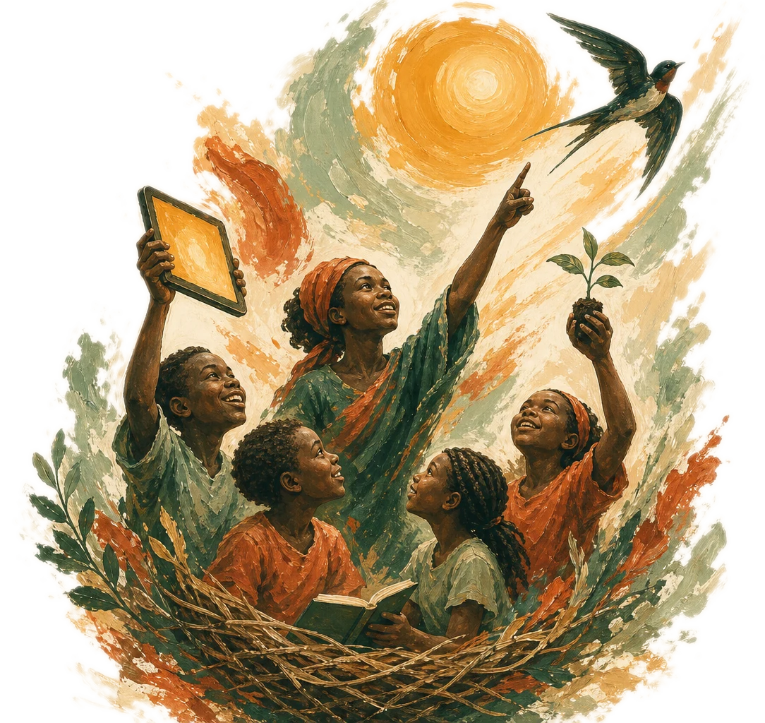 Painted illustration of children and youth rising from a nest, lifting a tablet, a seedling and pointing to the sun